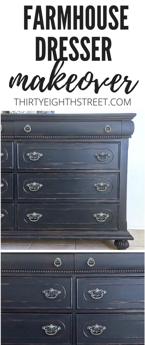 How To Paint and Distress Old Furniture. Painting Furniture To Create Farmhouse Style and Decor. Black Painted Dresser. Painting Furniture Ideas. Chalk Painted Furniture Ideas. Before and After Furniture. How To Distress Furniture Without ANY Sandpaper. #farmhouse #painteddresser #dressermakeover #blackfurniture #chalkpainted Chalk Painted Furniture Ideas, Black Painted Dresser, Painting Furniture Ideas, Black Painted Dressers, Dresser Painting, How To Distress Furniture, Chalk Painted Furniture, Distress Furniture, Black Shabby Chic