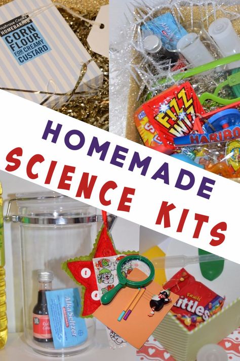 Easy homemade science kits for kids. Lava lamp kit, pretend snow kit, magnifying glass kit and more science kits #scienceforkids #scienceexperiments #funscience #sciencekits #homemadesciencekits Science Gifts For Kids, Science Christmas, Christmas Science Experiments, Science Kits For Kids, Christmas Science, Diy Science Experiments, Science Birthday, Diy Christmas Presents, Diy Science