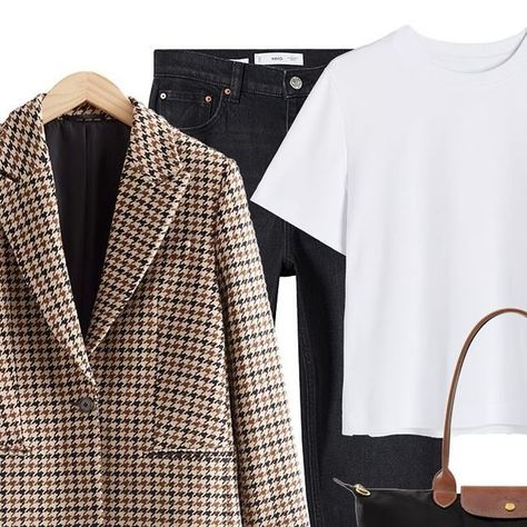 Houndstooth Blazer Outfit, Black Canvas Bag, Bag Longchamp, Mango Shoes, Black Mom Jeans, Instagram Autumn, Blazer White, Style Inspiration Winter, Houndstooth Blazer