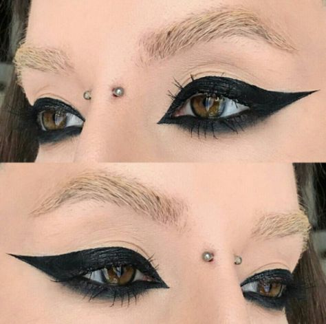 Full Eye Eyeliner, Big Eyeliner Makeup Looks, Eyeliner All Around Eye, Heavy Black Eyeliner, Punk Eyeliner Looks, Dramatic Black Eyeliner, Goth Puppy Eyeliner, Thick Winged Eyeliner Goth, Black Eyeliner Looks Hooded Eyes