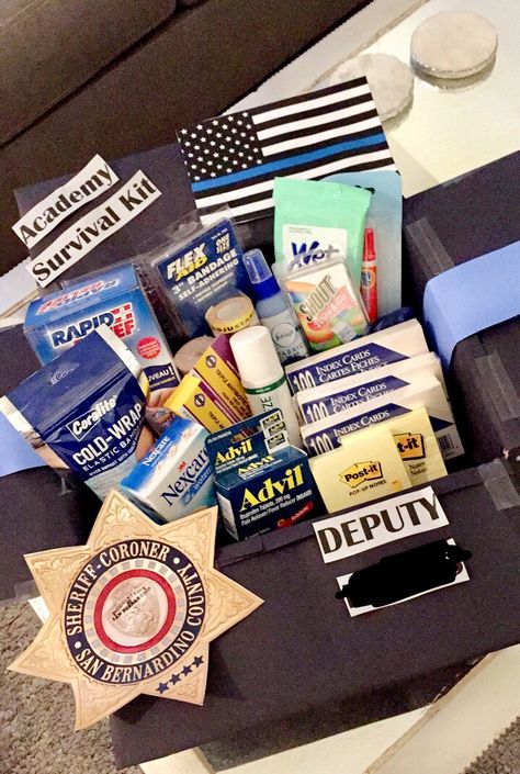 Sheriff Academy Graduation Gift, Police Academy Care Package, Police Academy Packing List, Police Officer Gift Basket, Police Academy Survival Kit, Police Gift Basket, Police Week Gifts Ideas, Diy Gifts For Wife, Law Enforcement Appreciation Gifts