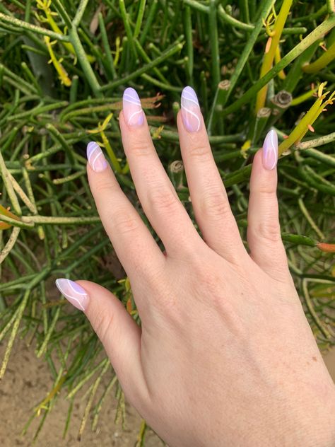 Purple And White Swirl Nails, Almond Purple Nails, Gel X Almond, Nail Aesthetic, Swirl Nails, Nails Purple, Lines On Nails, Purple Swirl, Wavy Lines