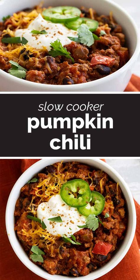 Cooked in the slow cooker all day, this Pumpkin Chili recipe brings the flavors of fall to your table by adding in pumpkin and a hint of cinnamon and spices. It is the perfect dinner for a busy night! #recipe #slowcooker #crockpot #chili #pumpkin Pumpkin Chili Recipe Crockpot, Pumpkin Chili Slow Cooker, Clean Soups, Chili Pumpkin, Scary Treats, Pumpkin Chilli, Best Slow Cooker Chili, Pumpkin Crockpot, Pumpkin Chili Recipe