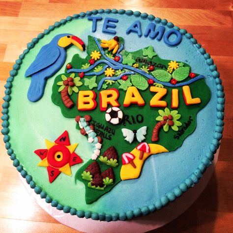 Brazil cake Brazil Theme Cake, Rio Cake, America Theme, Cake Shapes, Birthday Themes, Colorful Cakes, Fondant Cakes, Themed Cakes, Bday Party