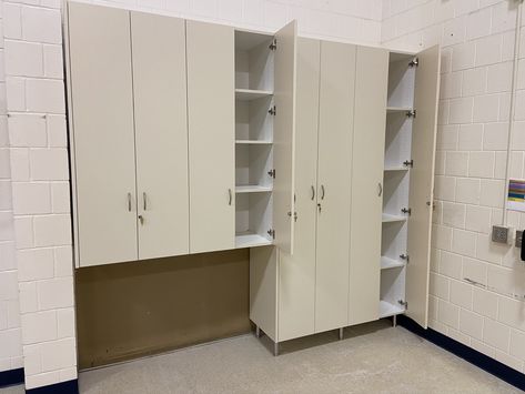 Custom Commercial Use Cabinets by Closets For Life in Minneapolis & St. Paul  - Storage lockers for a before and after school program at an elementary school. Installed in the school lunch room, the lockers offer plenty of storage for craft and other supplies with out compromising floor space. Learn more at www.closetsforlife.com. School Lunch Room, Before And After School, Storage Lockers, Used Cabinets, Minnesota Home, Walk In Closets, Aged Care, Lunch Room, Custom Storage