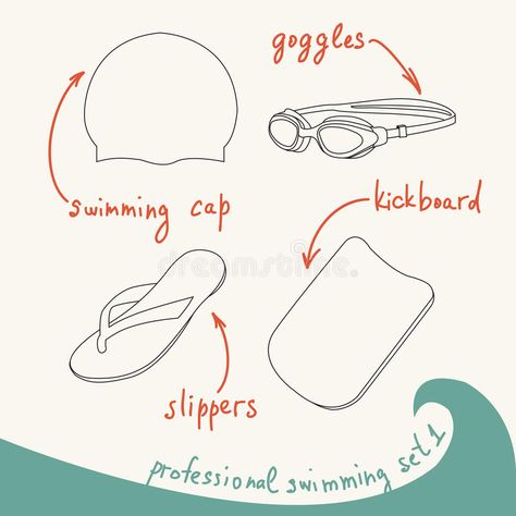 Vector illustration of professional swimming equipment set in li vector illustration Swim Equipment, Swimming Competition, Professional Swimming, Swimming Equipment, Swim Caps, Ideas Living, Illustration Vector, Line Design, Design Style