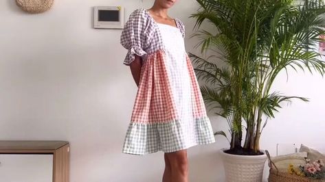 Gingham Patchwork Dress, Patchwork Dress Diy, Patchwork Dress Pattern, Dress Templates, Patchwork Flannel, Eco Dresses, Ruffle Pattern, Flannel Dress, Dress Tutorials