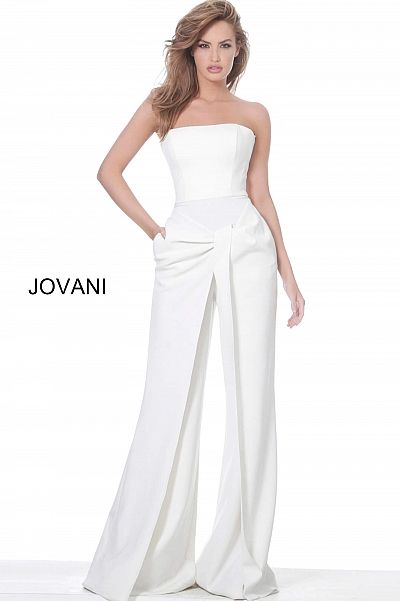 2020 Evening Dresses & Gowns - Same Day Shipping | Jovani White Jumpsuit Formal, One Piece Pant Suit, Prom Jumpsuit, Jovani Prom, Straight Across Neckline, Formal Jumpsuit, Evening Jumpsuit, Prom Ideas, Unique Prom Dresses