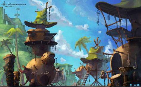 Island town, Emilie V.F on ArtStation at https://www.artstation.com/artwork/RrNrv Island Concept Art, Beach Village, Island Town, Sea Dream, Cool Tree Houses, D&d Dungeons And Dragons, Tropical Island, 2d Animation, Environment Concept Art