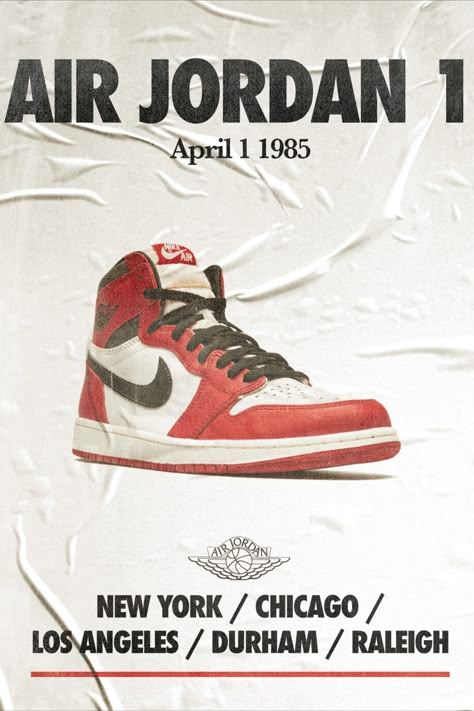 This faded vintage poster encapsulates the emergence of greatness - the original Air Jordan 1 Chicago colorway that Michael Jordan first wore as a rookie in 1984. By depicting the shoe that defied league rules and kickstarted Jordan’s journey to GOAT status, the aged styling pays tribute to MJ's early gravity-defying skill and the continuing cultural legacy he built, one dunk at a time. Minimal Logo Design Inspiration, Michael Jordan Poster, Air Jordan 1 Chicago, Jordan Poster, Nike Poster, Looks Hip Hop, Sneakers Design, Chicago Poster, Shoe Poster