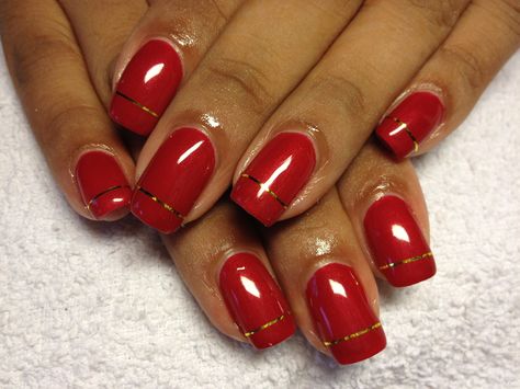 Red with gold strip (French) Red Nails Gold Tips, Red Nails With Gold Tips, Gold Stripe Nails, Gold French Tip, Red And Gold Nails, Cute Pink Nails, Red Nail Art, Pink Nail Art, Striped Nails