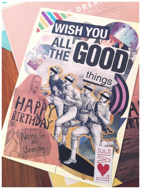 DIY birthday card collage. Friendship Magazine Diy, Birthday Card Collage Ideas, Photo Collage Birthday Card, Homemade Cards Aesthetic, Collage Birthday Cards, Birthday Card Diy Aesthetic, Artsy Birthday Card, Collage Greeting Cards, Happy Birthday Card Aesthetic