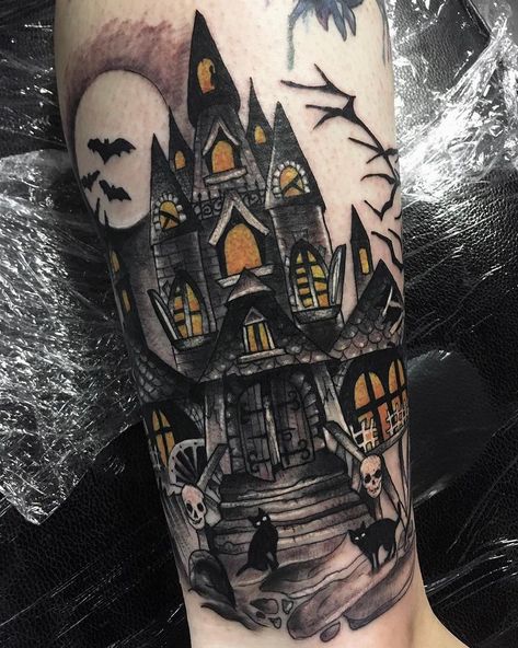 Hanted house from a while ago🦇👻🖤 #hauntedhousetattoo #blackworktattoo #blacktattoo #btattooing #blxckink #blackwork #tttism #blacktattooart… Haunted House Tattoo, Halloween Tattoo Ideas, Halloween Tattoos Sleeve, House Tattoo, Pumpkin Tattoo, Card Tattoo Designs, Christmas Tattoo, Scary Tattoos, Theme Tattoo