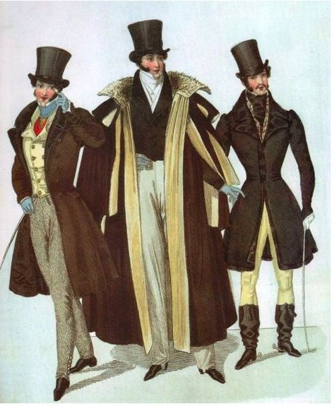 This image shoes what dandy men wore in the 19th century when dandyism was evolving into something greater than it used to be in the 18th century. (2012) 19th Century Mens Fashion, 19th Century Men, Dandy Style, Americana Vintage, 1800s Fashion, Regency Fashion, 19th Century Fashion, Top Hats, Fashion Plates