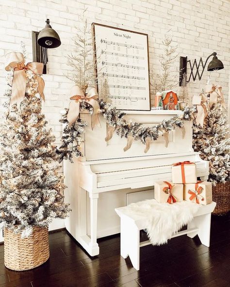 Welcome to shabby chic heaven! 😍 We are just gushing over this GORGEOUS holiday living space by @blessedonbluefinch 📸! With white exposed brick, this farmhouse space has it all! 👀 Her mixes of elegance with classic farmhouse pieces have us in L-O-V-E! 💗⁠ ⁠ Its staple industrial pieces like our Electric Accordion Lamp that tie in this space to give it that cozy, vintage feel! 🤗 Oh silent night indeed and we couldn’t be more at peace! 😌⁠ ⁠ We are just a couple days away from our Christmas in Silent Night Sheet Music, Music Sign, Piano Decor, Christmas Piano, White Piano, Rustic Vintage Decor, Estilo Shabby Chic, Piano Room, Decor Steals