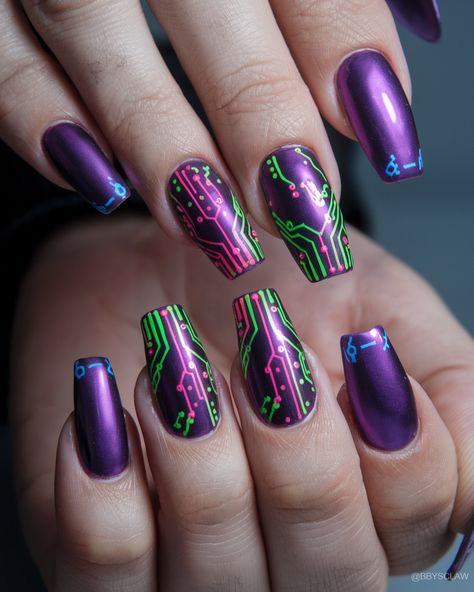 ✨ Unleash your cosmic allure with our metallic purple nail polish designs! Each stroke embodies gothic elegance and futuristic flair, transforming your fingertips into a canvas of celestial art. Embrace the luxury of the night sky and let your nails shine like a star! 🌌💜 #NailArt #CosmicElegance #FuturisticBeauty Sci Fi Nails, Vaporwave Nails, Metallic Purple Nails, Nails Cyberpunk, Futuristic Nails, Cyberpunk Nails, Gothic Elegance, Shine Like A Star, Purple Nail Polish