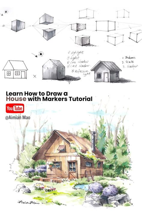 2 Points Perspective, House In 2 Point Perspective, Landscape Markers, Mind Map Art, 2 Point Perspective, Art Supplies List, Copic Drawings, Landscape Steps, Landscape Design Drawings