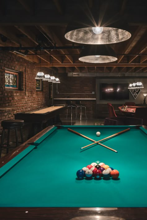 Pool Hall Ideas, Basement Pool Table, Billiards Room Decor, Billiards Bar, Industrial Basement, 1920s Speakeasy, Daylight Basement, Snooker Room, Pool Table Room