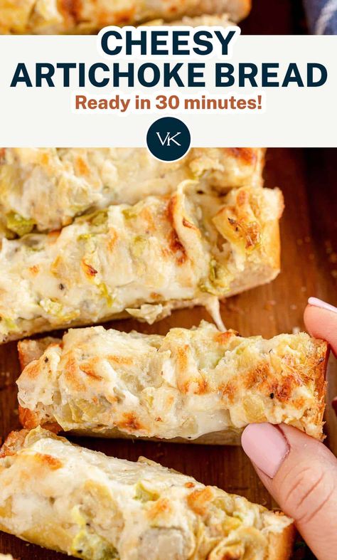 Stuffed Artichoke Bread, Spinach Artichoke French Bread, Baked Cheese Bread, Artichoke Bread Appetizer, Artichoke Cheese Bread, Cheesy Artichoke Bread, Appetizer Using French Bread, Pillsbury French Bread Recipes, Artichoke Dip Bread