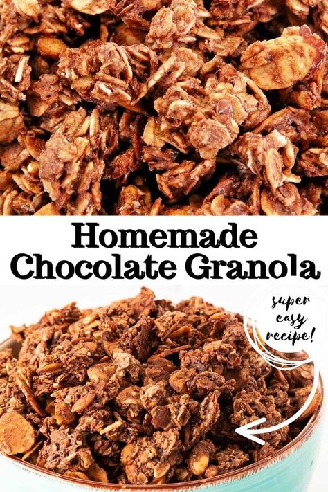 Healthy Chocolate Granola Recipe, Healthy Chocolate Granola, Homemade Chocolate Granola, Almond Granola Recipe, Chocolate Granola Recipe, Homemade Banana Pudding Recipe, Easy Granola Recipe, Healthy Dark Chocolate, Easy Granola