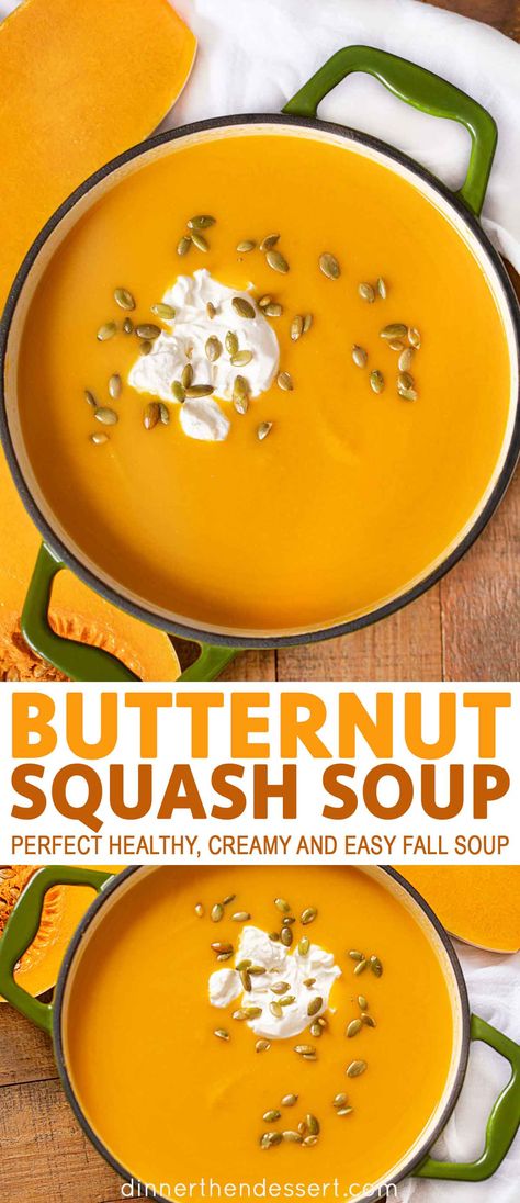 Butternut Squash Soup is the perfect fall soup with apples that's healthy and creamy and?easy for weeknights or your holiday meal! #butternut #butternutsquashsoup #soup #fallsoup #healthysoup #souprecipe #dinnerthendessert Soup With Apples, Easy Butternut Squash Soup, Noom Recipes, Vegan Butternut Squash Soup, Frozen Butternut Squash, Easy Butternut Squash, Curried Butternut Squash Soup, Butternut Soup, Dinner Then Dessert