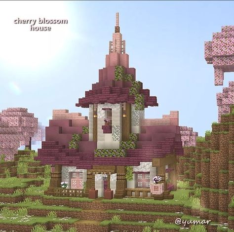 Cherry Blossom Minecraft House No Mods, Minecraft House With Cherry Wood, Pink And Green Minecraft House, Cherry Blossom And Birch House Minecraft, Small Cherry Wood Minecraft House, Fairycore Minecraft Builds Vanilla, 1.20 Minecraft House, Birch House Minecraft, Chalet Minecraft