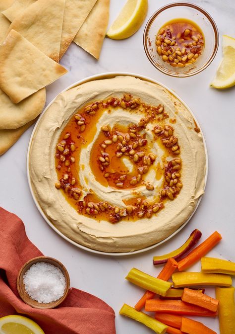 Hummus with Toasted Pine Nut, Garlic & Chile Oil — The Berger Feed Chile Oil, Classic Hummus, Creamy Hummus, Pine Nut, Group Meals, Pine Nuts, Tahini, Easy Snacks, No Time