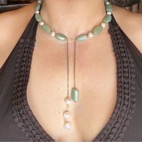 Shop sunandtan's closet or find the perfect look from millions of stylists. Fast shipping and buyer protection. Embrace sophistication and unique design with our handcrafted open front choker, perfect for making a graceful statement. This choker features polished chrysoprase nuggets and lustrous freshwater pearls, expertly combined to create a piece that’s both eye-catching and timeless. Materials: - Chrysoprase:Polished nuggets, approximately 20 mm x 10 mm each, providing a serene green hue. - Beaded Necklace And Earring Sets, Unique Silver Necklace, Jewelry Inspiration Necklaces, Pearl Pendant Beaded Necklace, Beaded Necklace Inspiration, Green Beaded Jewelry, Jewelry Making Inspiration, Delicate Pearl Jewelry, Beaded Jewelry Ideas