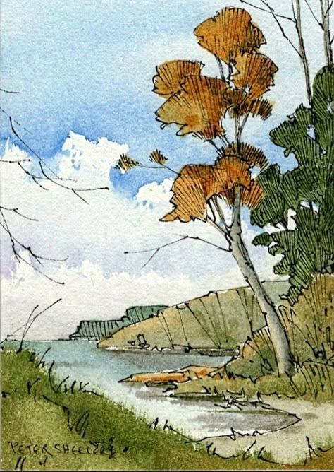 Watercolour And Ink Landscape, Landscapes Watercolor Paintings, Pen And Ink Drawings With Watercolor, Watercolor And Ink Art, Peter Sheeler, Line And Wash Watercolor, Watercolor And Ink Illustration, Ink And Wash, Line And Wash