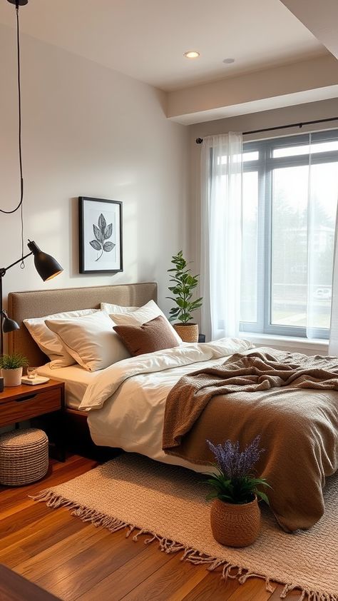 Transform your bedroom into a haven of warmth and comfort! Explore modern designs infused with cozy touches, rich hues, and lush indoor plants for restful sleep. 🛏️✨🌿 Minimal Apartment Bedroom, Cosy Modern Bedroom, Brown Comforter Bedroom, Cozy Simple Bedroom, Apartment Inspiration Bedroom, Cozy Apartment Bedroom, Cozy Modern Bedroom, Modern Cozy Bedroom, Apartment Updates