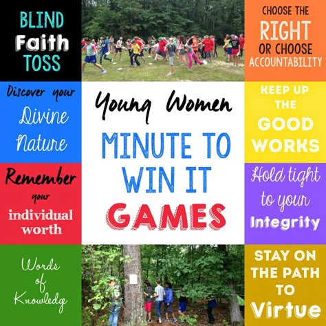 Such fun ideas for a young women's activity, minute to win it games based on the YW values from playpartypin.com Lds Young Women Activities, Lds Girls Camp, Mutual Activities, Yw Activities, Lds Youth, Women Activities, Minute To Win, Youth Games, Youth Group Games