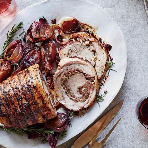 Mario's Easy Roman-Style Pork Roast | Mario Batali creates a simple version of Italian porchetta, wrapping butterflied pork shoulder around a sausage-and-fennel stuffing before roasting. Porchetta Recipes, Christmas Roast, Boneless Pork Loin, Mario Batali, Pork Roast Recipes, Pork Loin Recipes, Pork Ham, Pork Shoulder, Seitan