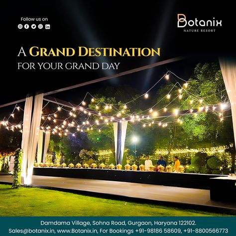 Are you Planning a Destination wedding? Make Botanix Nature Resort your destination for your Big day!! 🌿🌺 From the stunning flora to the rustic charm of the venue, every element was simply magical. 💍💕 For Bookings: +91-98186 58609, +91-8800566773 Location: Damdama Village, Sohna Road, Gurgaon, Haryana, 122102. Web: www.Botanix.in #BotanixNatureResort #DestinationWedding #NatureWedding #RusticChic #HappilyEverAfter #WeddingVibes #WeddingGoals Wedding Venue Poster Design, Nature Resort, Social Media Advertising Design, Poster Ideas, Wedding Goals, Nature Wedding, Rustic Chic, Advertising Design, Happily Ever After