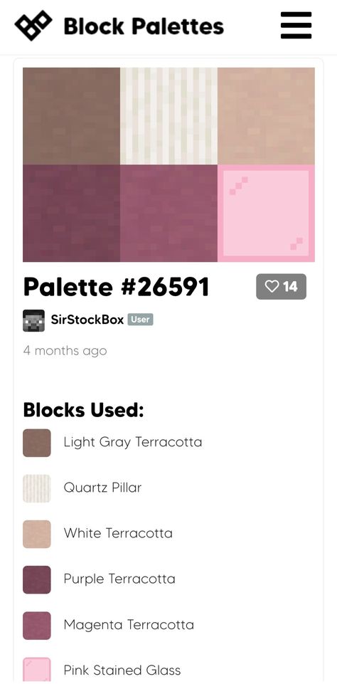 Minecraft Color Palette Cottage Core, Minecraft Palates, Minecraft Colour Palette, Minecraft Color Palette, Minecraft Palette, Minecraft Block Palette, Block Pallets, Minecraft Banner Patterns, Color Generator