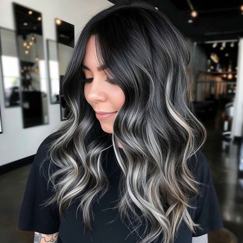 Dark Brown To Grey Balayage, Black Reverse Balayage, Smokey High Contrast Hair, Dark Brown Hair With Blonde Peekaboos, Black Hair With Lowlights Balayage, Ombre With Money Piece, Platinum Blonde Balayage Dark Roots, Brown To Silver Ombre, Black And Blonde Balayage