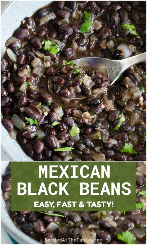 This Mexican Black Beans recipe is an easy and tasty restaurant-style side dish for any Mexican dinner! Serve it with your tacos, enchiladas, fajitas and burritos to complete your Tex-Mex meal. Mexican Black Beans Recipe, Black Beans Recipe, Mexican Black Beans, Mexican Side Dishes, Grain Recipes, Can Of Beans, Black Bean Recipes, Sides Recipes, Vegetarian Cookbook