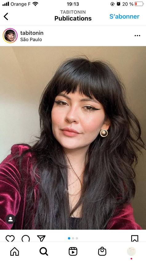 Shag With Straight Bangs, Shag With Round Face, Short Full Fringe, Bottleneck Bangs Long Hair Round Face, Shag Fringe Long Hair, Fringe Shag Hair, Round Face Baby Bangs, Long Shag With Baby Bangs, Alternative Hair Bangs