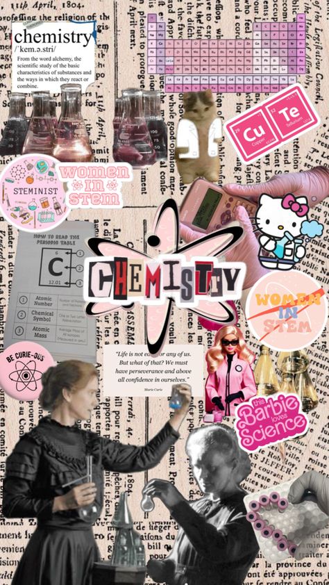 Chemistry Scrapbook Ideas, Chemical Engineering Art, Science Aesthetic Cover Page, Chemistry Major Aesthetic, Chemistry Aesthetic Cover Page, Chemistry Girl Aesthetic, Chemical Engineering Wallpaper, Pink Science Aesthetic, Chemistry Collage