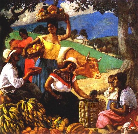 DOMINGO MORENO OTERO. Frutos de mi Tierra. 1940. Oleo sobre lienzos. 19 7 x 205 cm. Colección Museo Nacional, Bogotá. . –En 'Cien años de Arte Colombiano. 1886 -1986' (1985), de Eduardo Serrano. Uno de nuestros #LibrosLibres, léalo, gratis y completo, en:  https://villegaseditores.com/cien-anos-de-arte-colombiano-prologo . ¡Comparta la buena imagen de Colombia! . #ArteColombiano #PinturaColombiana #Costumbrismo Bob Marley Poster, African Diaspora, Animal Posters, Posters And Prints, Big Canvas, Big Canvas Art, Great Big Canvas, Stretched Canvas Prints, Wrapped Canvas Art