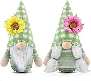 Set of 2 Sunflower Gnomes Plush Spring Easter Gnome Decoration Gift Handmade Green Scandinavian Tomte Stuffed Decor for Home Countertop Dining Table, Sunflower Gnomes, Fireplace Kitchen, Plush Flower, Living Room Fireplace, Easter Gnome, Gnome Gift, Easter Flowers, Sunflower Decor