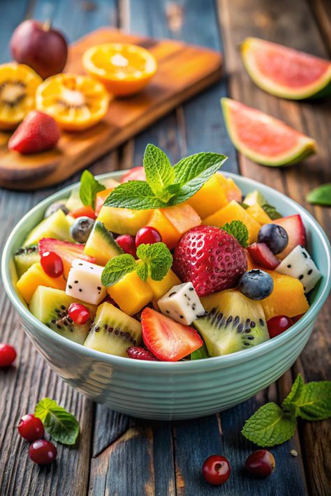 Tropical Fruit Salad Bowl Vegan Protein Snacks, Fruit Salad Bowl, Watermelon Bowl, Tropical Fruit Salad, Kale Chip Recipes, Healthy Fruit Salad, Light Breakfast, Healthy Bowls, Homemade Dressing