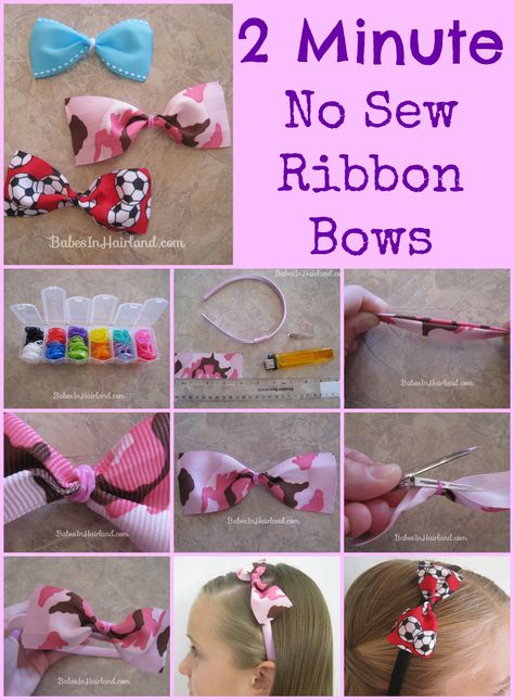 2 Minute No Sew Ribbon Bows from BabesInHairland.com Homemade Hair Bows, Sew Tutorials, Hair Bow Tutorial, Diy Bows, Homemade Hair Products, Hair Ribbons, Bow Tutorial, Bow Accessories