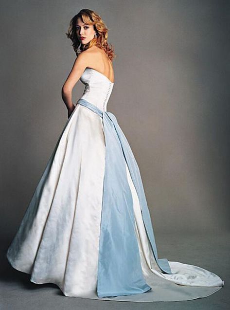 Wedding Dress Blue Sash, Klienfeld Wedding Dresses, Wedding Dresses Blue, Amsale Wedding Dress, White And Blue Wedding, Amsale Bridal, French Blue Wedding, White Wedding Gowns, Designer Bridal Gowns