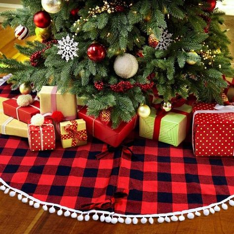 Red Black Lattice Christmas Tree Skirt Xmas Home Decorative Ornaments As shown Black Xmas Tree, Buffalo Check Christmas Decor, Plaid Tree Skirt, Holiday Tree Skirts, Plaid Christmas Tree Skirt, Xmas Tree Skirts, Buffalo Plaid Christmas Tree, Buffalo Check Christmas, Farmhouse Christmas Tree