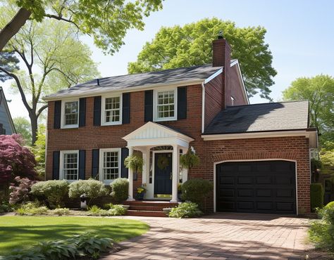 Red Brick House With Black Garage Doors, Red And Black Brick House Exterior, Red Brick House Exterior With Siding, Red Brick Black Garage Door, Brick House Garage Door Color, Brick House Black Door, Exterior Garage Ideas, Black Garage Door Brick House, Colonial House Exterior Makeover