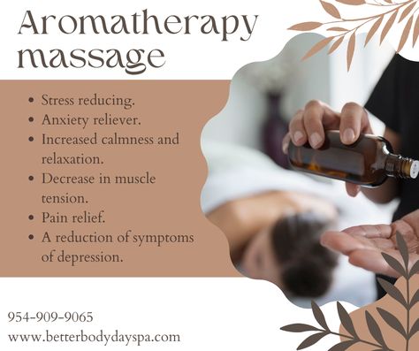 Aromatherapy has so many benefits as you can see! The skin absorbs essential oils maintaining suppleness, it offers pain relief, and the aroma's mental stimulation provides clients with the ultimate massage session. Book today by giving us a call at 954-909-9065! #aromatherapy #massage #spa Aromatherapy Massage Benefits, Massage Therapy Quotes, Spa Quotes, Massage Images, Holistic Massage, Massage Marketing, Massage Therapy Rooms, Massage Pictures, Essential Oil Usage