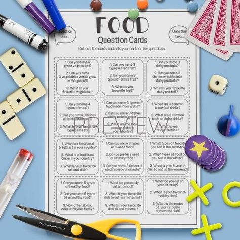 Food 'Question' Cards – Gru Languages English Speaking Game, Game Worksheet, Speaking Games, Esl Kids, Vocabulary Instruction, Give Me Five, English Exercises, Esl Activities, Target Language