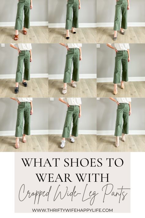 What Shoes to Wear with Cropped Wide-Leg Pants When You're Petite? - Thrifty Wife Happy Life Wide Cropped Pants Outfit, Wide Leg Crop Pants Outfit, Wide Leg Cropped Pants Outfit, Cropped Wide Leg Pants Outfit, Shoes With Wide Leg Pants, Wide Leg Pants Outfit Fall, Olive Pants Outfit, Wide Leg Jeans Shoes, Cropped Pants Outfit