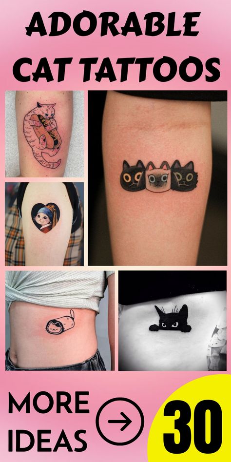 Cat tattoos are popular, especially among ladies. Cats are one of the cutest pets and friends ever. Who can resist these adorable fur balls? They might be a little mischievous sometimes, but their cuddly nature makes it difficult to remain angry with them. But our feline companions are more than simply pets. They also represent freedom, wisdom, and feminine energy. Bff Cat Tattoos, Cartoon Cat Tattoo Ideas, Cartoon Cat Tattoo, Tabby Cat Tattoo, Matching Cat Tattoos, Minimal Cat Tattoo, Group Tattoos, Cat Tattoo Simple, Cute Cat Tattoo