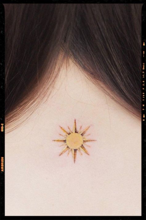 TATTOOS Colored Sun Tattoo, Sun Tattoo Color, Yellow Tattoo Ink, Colorful Tattoo Ideas, Apollo Tattoo, Black And Gray Tattoos, Tattoo Sizes, Yellow Tattoo, Small Colorful Tattoos